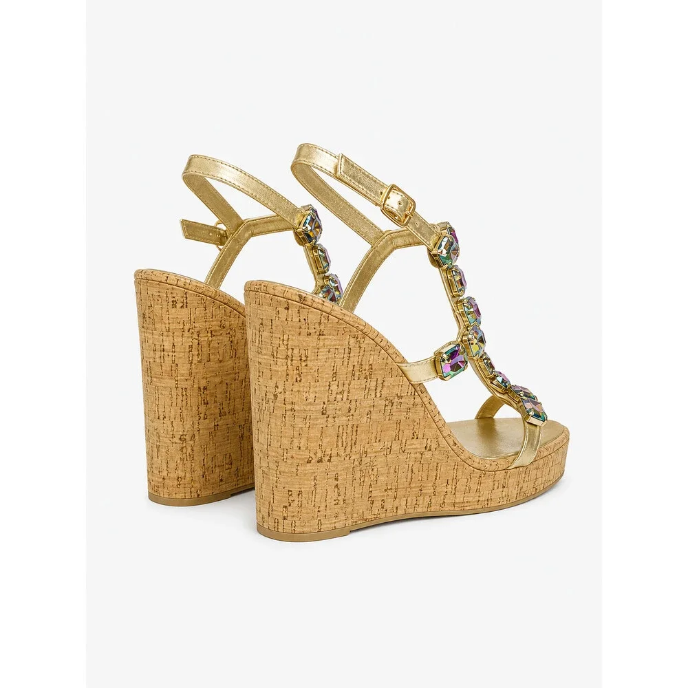 NIB Summer Time Colorful Jeweled Cork Wedge High Heel Sandals